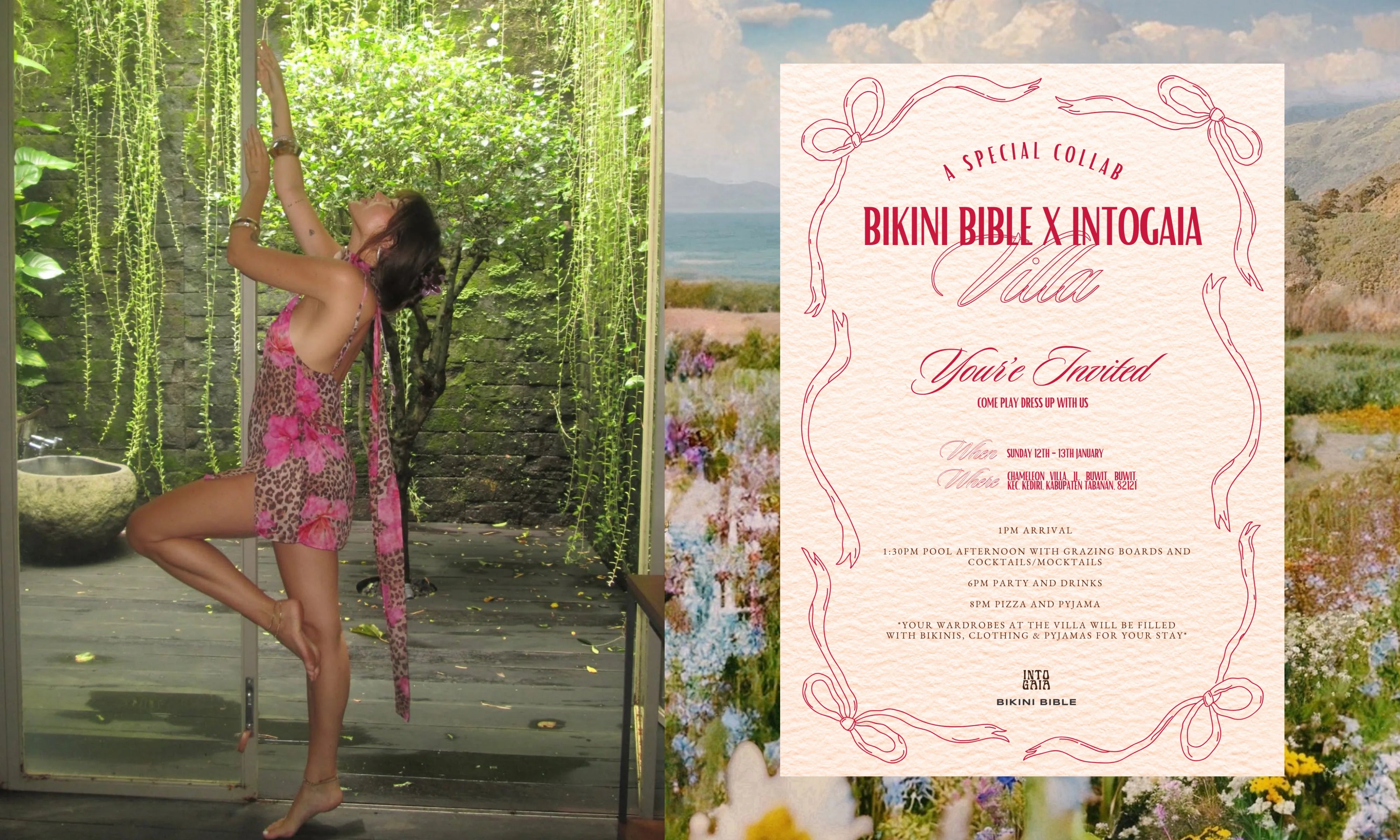Woman in a pink bikini standing in a garden with a 'Bikini Bible' invitation overlay.