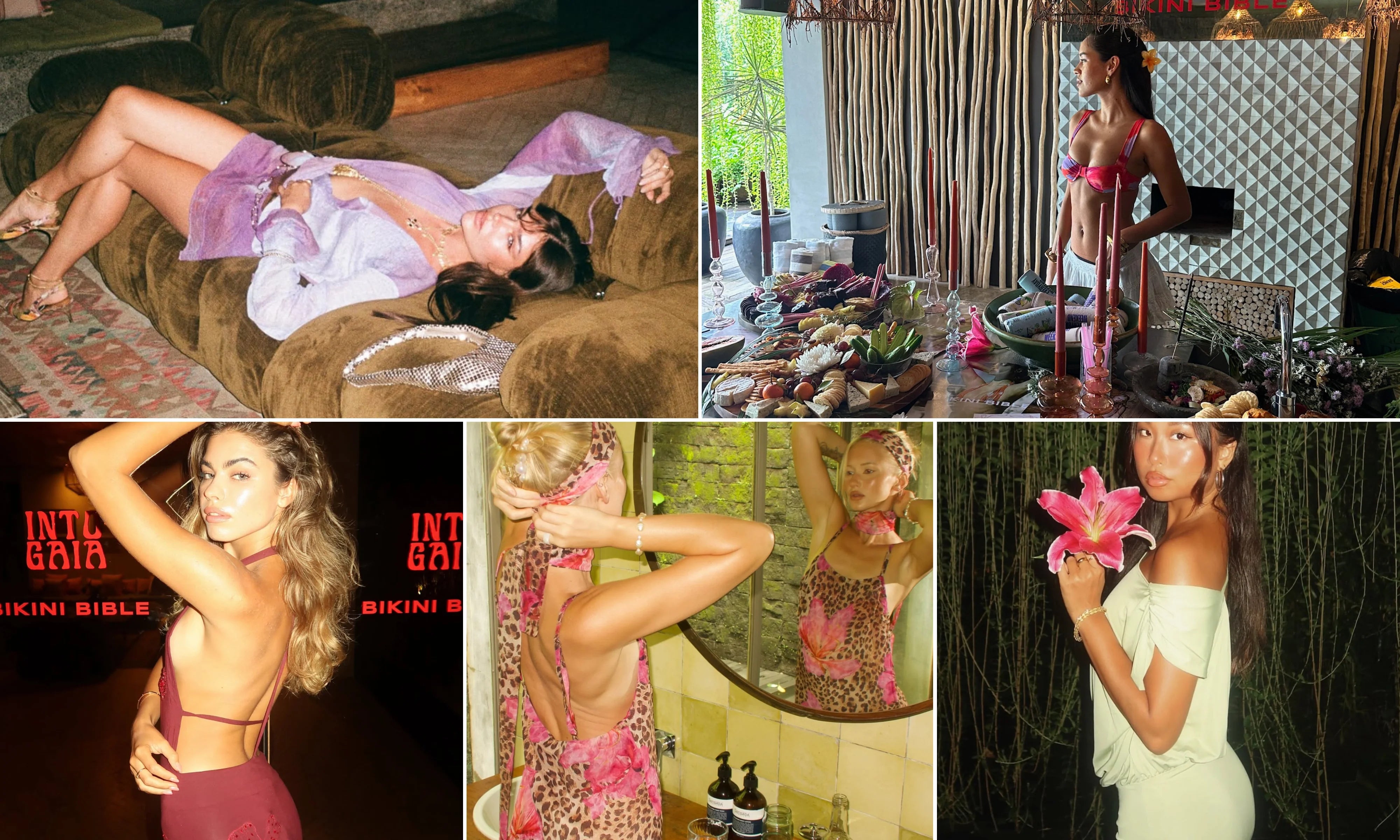 Collage of women in various poses and settings, including a woman lying on a couch and another standing in a room with decor.
