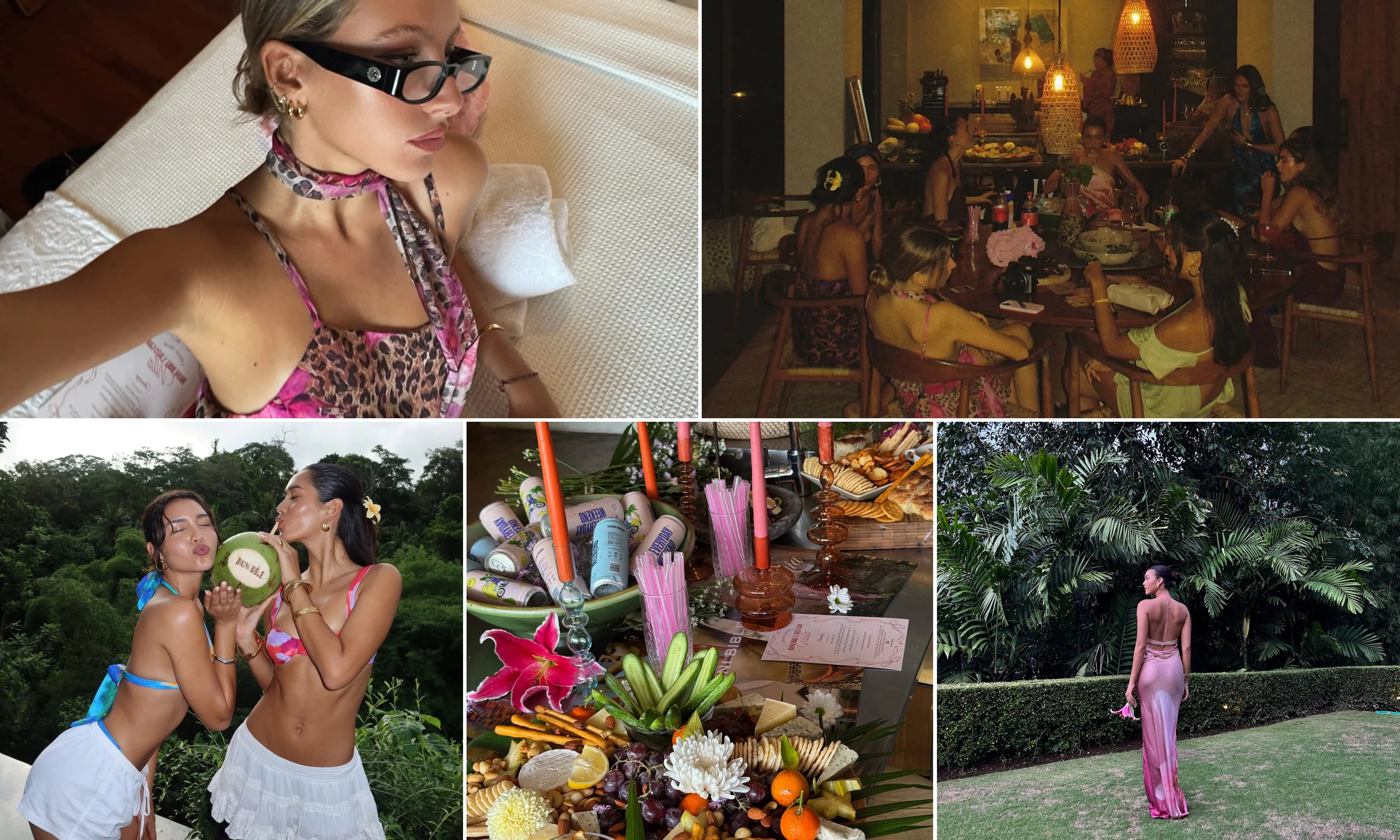 Collage of images from a tropical party with people, food, and decorations.